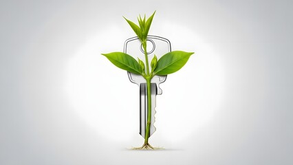 Plant growing from a silver key with roots and leaves, concept of sustainable real estate, business growth and eco-friendly solutions