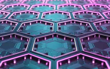 A futuristic surface is composed of interlocking hexagonal tiles featuring complex circuitry details. Glowing blue and red lights trace the geometric patterns, suggesting high-tech data processing or 