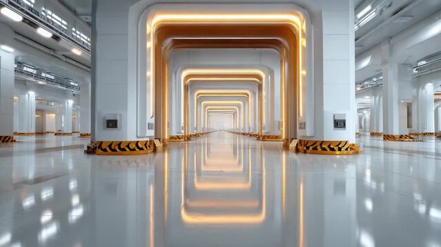 Modern Architecture Corridor: A futuristic corridor with an array of rectangular arches, enhanced with bright neon lights.