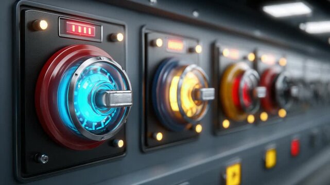 Control Panel in Focus: Close-up of an industrial control panel with illuminated dials and switches, capturing the essence of technology and precision. 
