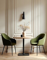Two green chairs flank a round wood table with dried flowers in a vase and a candle. Modern minimalist dining area with ornate wall paneling and black wall lamp. Elegant home interior design.
