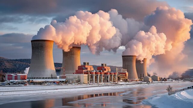 Power Plant Panorama: An awe-inspiring view of a colossal power plant, belching clouds of vapor into the atmosphere, set against a backdrop of a serene lake and snow-kissed landscape.
