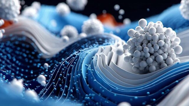 Abstract Molecular Composition: Intricate patterns of molecules cascade in a fluid, abstract display, evoking the complexities of scientific structures and microscopic worlds.