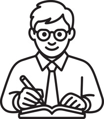 Obraz premium Man Wearing Glasses Writing in Notebook Line Art, Coloring Book Page Line Art Drawing, Vector and Illustration