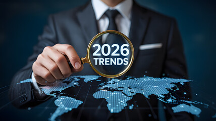Businessman analyzing 2026 global trends with magnifying glass