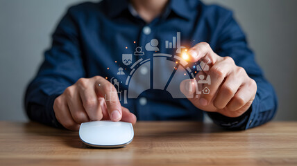 Businessman interacting with futuristic digital interface at desk