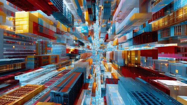 Abstract Cityscape: An abstract cityscape unfolds, with layers of colorful structures extending into the distance, conveying a sense of scale and complexity.