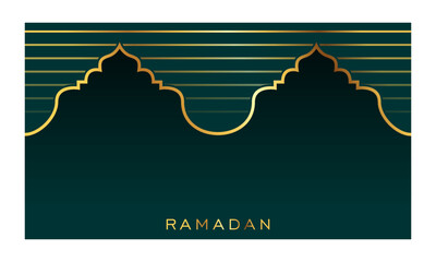 Ramadan poster design with traditional Islamic arch elements and elegant golden lines on a dark green background, perfect for greetings and celebrations
