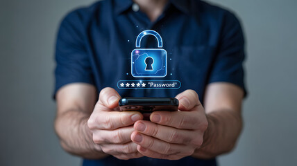 Man holding smartphone with digital lock and password interface