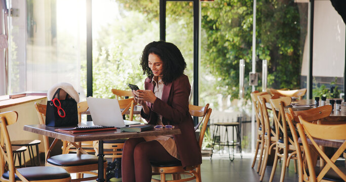 Phone, laptop and freelancer with woman in cafe for hospitality blog, food review and research. Remote worker, online report and restaurant critic with person in coffee shop for reading and web log