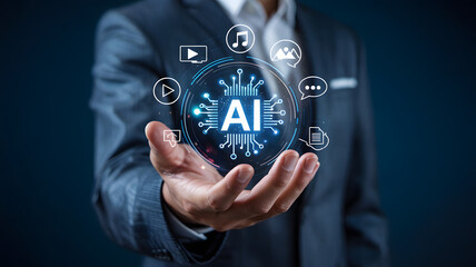 Businessman presenting artificial intelligence concept with hand