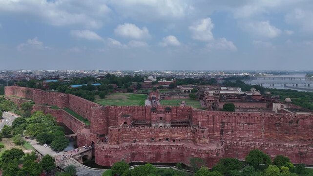Aerial view of Agra Fort, a UNESCO World Heritage monument in Agra, India
