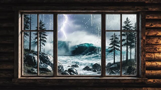 Opening a rustic cabin window to a dramatic stormy seascape
