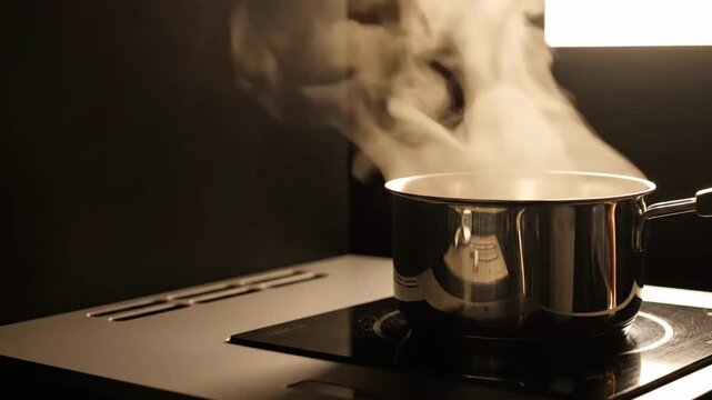 Boiling Pot On A Modern Induction Cooktop Emitting Steam In Dark Kitchen Studio Setting