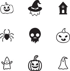 Cute Halloween Doodle Icon Set with Pumpkin, Ghost, Spider and Skull