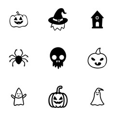 Cute Halloween Doodle Icon Set with Pumpkin, Ghost, Spider and Skull