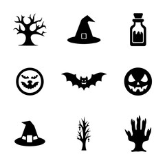 Halloween Line Icon Set with Witch Hat, Skull, Pumpkin and Spooky Symbols