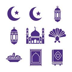 Set of Islamic Religious and Cultural Icons in Deep Purple Silhouette