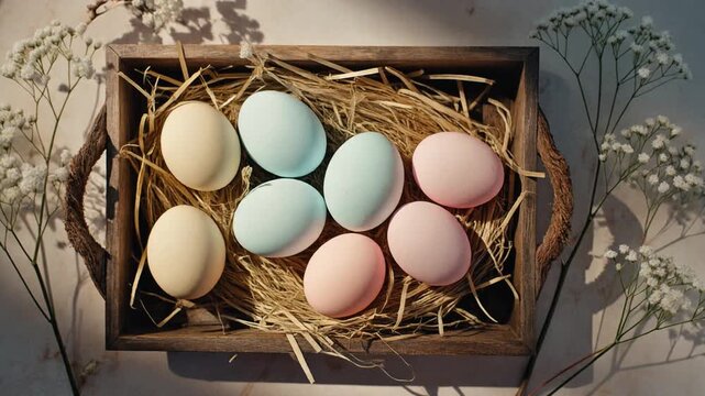 A rustic wooden crate filled with pastel colored eggs on straw surrounded by baby's breath flowers on a neutral background shot from above with natural lighting