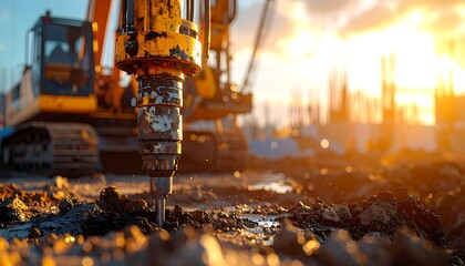 Close-up of a drilling machine operating at a construction site during a sunset with warm sunlight