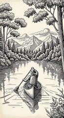 Solitary person paddles small boat across calm water surrounded by dense forest and distant peaks