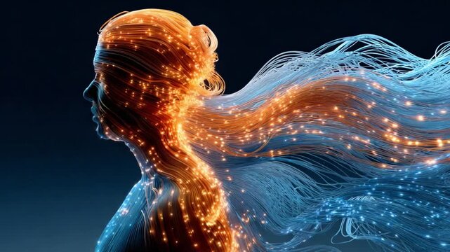 Digital Fusion: A striking digital representation of a woman's silhouette merges with streams of illuminated data, creating a dynamic visual narrative about human and technology connection.