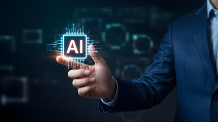 Businessman interacting with futuristic AI technology interface