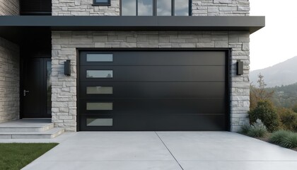 Modern black garage door with segmented panels and horizontal windows. Home facade features stacked stone and concrete driveway. Contemporary exterior architectural detail.