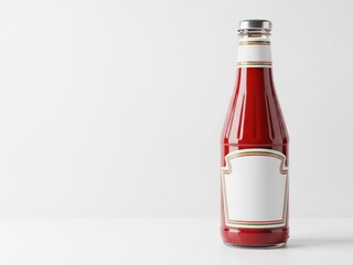 Clear glass bottle of ketchup with a blank label for branding. Ready for food product packaging design, mock up for marketing.