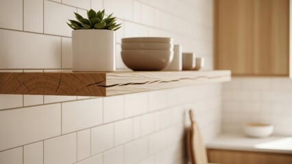 Wooden floating shelf on a tiled wall with decorative items. Modern kitchen interior design and home decor. Minimalist aesthetic.