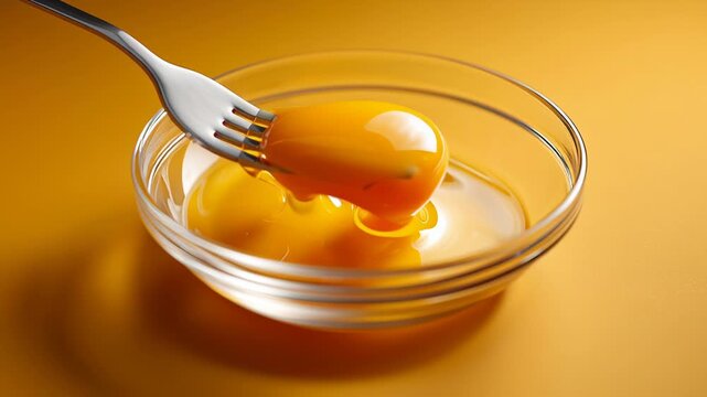 Fresh Raw Egg Yolk in Clear Bowl Minimal Food Presentation with Vibrant Yellow Background, Showcasing Culinary Simplicity and Appetizing Freshness