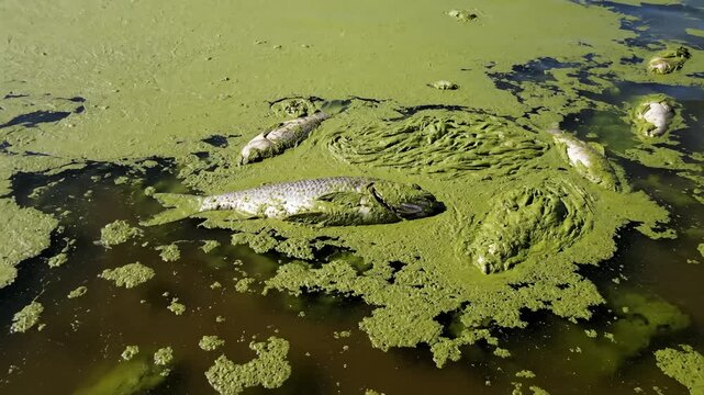 Dead Fish Floating in Algae-Covered Water, Environmental Pollution