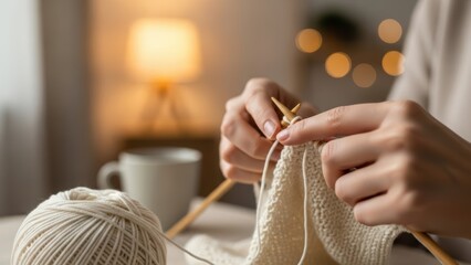 Woman knitting with yarn, crafting a handmade project. Relaxing creative hobby and cozy home activity. Creating textile art.