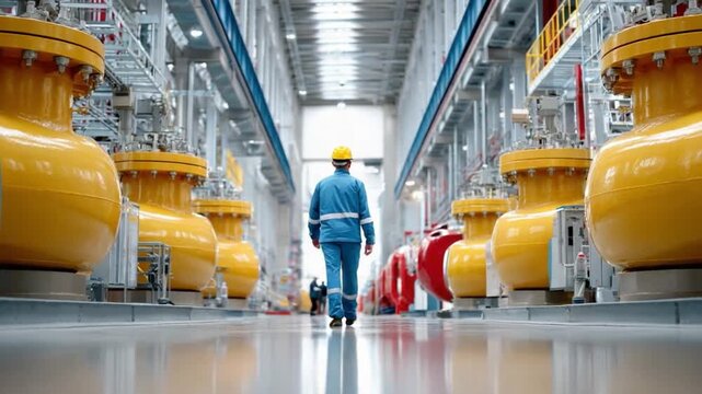 Working in Industry: A worker in a protective suit walks through the factory, with massive pipes lining the hallway. The image shows the important role of each staff in industry.