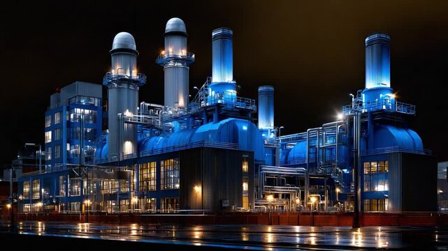 Nightfall at the Industrial Complex: An impressive industrial plant stands illuminated against the twilight, its architectural lines and functional design showcasing modern industrial prowess.