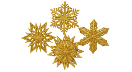Four distinct, highly detailed golden snowflakes with intricate filigree designs and reflective 24k gold texture, isolated on a transparent background with clean copy space. Concept of sophisticated