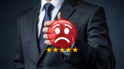 Businessman giving low rating with sad face emoji