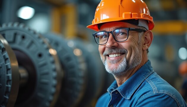 Smiling man in orange hard hat, glasses works in factory. Senior engineer near large gears, happy, focused on production process. Industrial worker with beard supervises plant operations, promoting