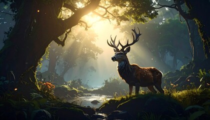 A majestic stag stands in a vibrant forest, bathed in golden sunlight filtering through the dense canopy. A stream flows