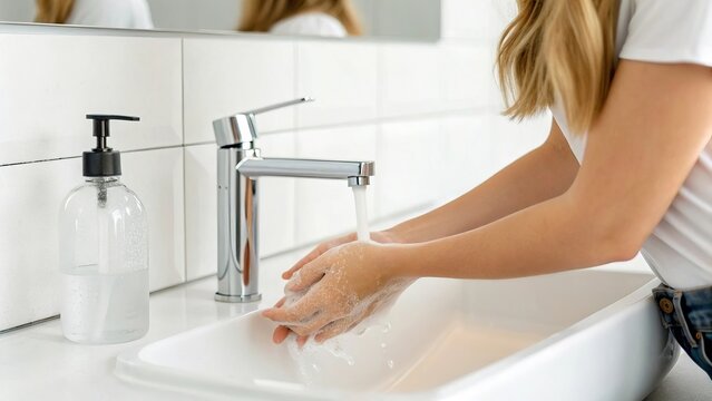 Person washing hands using soap and running water at modern sink, hygiene health concept
