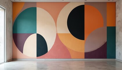 Large geometric mural art on interior wall. Abstract shapes and muted colors create a modern decorative surface. Interior design element with graphic patterns. Artwork for background.