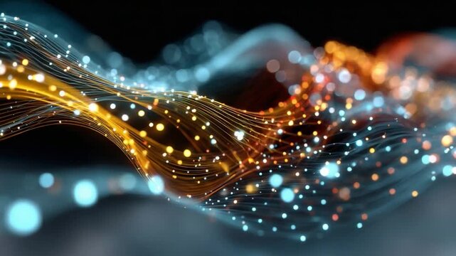 Illuminating Digital Strands: A mesmerizing visualization of flowing particles and radiant light forms a dynamic, abstract composition, sparking curiosity and wonder.