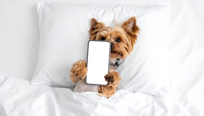 Yorkshire Terrier reclines in bed, holding a phone