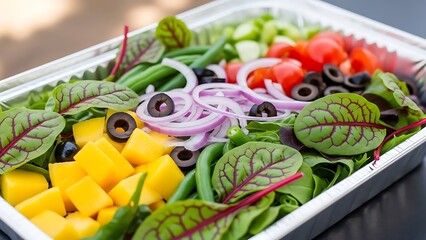Fresh mixed greens salad with mango and olives