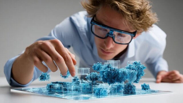 Scientist Exploring Miniature Structure: A focused scientist, shielded by protective eyewear, meticulously examines and interacts with a detailed miniature model.