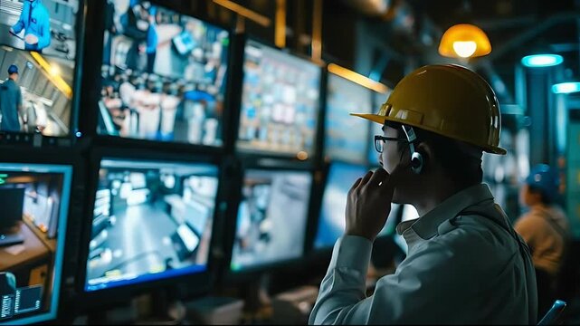 Industrial security personnel monitoring multiple screens in a control room