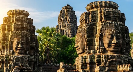 Bayon Temples Majestic Stone Faces in Angkor, Cambodia.