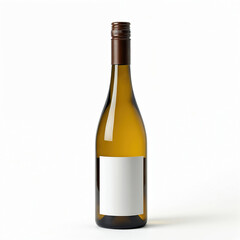 Brown glass wine bottle with blank white label and brown cap stands on white background. Amber liquid inside is partially visible. Space for text or logo.