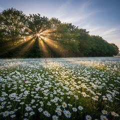 Brilliant sun rays burst through a line of tall trees over an expansive field blooming with white daisies
