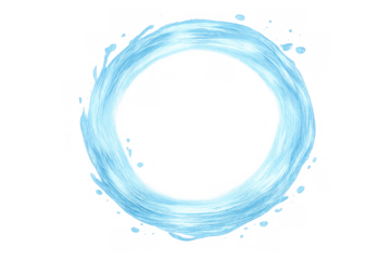 Light blue water splash ring forming round ripple vortex with fluid motion and abstract wave effect on transparent background